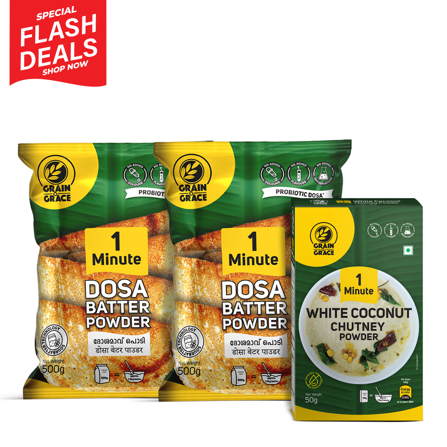 Two Dosa Batter Bundle + 1 White Coconut Chutney Powder