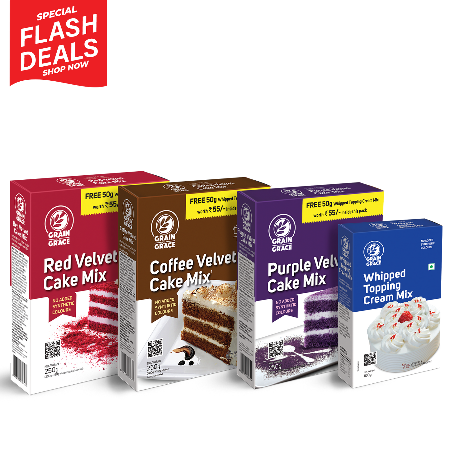 Red Velvet Cake Mix (250g)+ Coffee Velvet Cake Mix (250g) + Purple Velvet Cake Mix (250g) + Whipped Topping Cream Mix (100g)