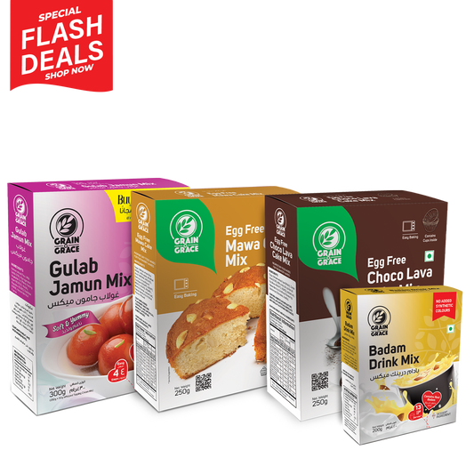 Instant Gulab Jamun Mix (300g) + Instant Badam Drink Mix (200g) + Egg Free Mava Cake Mix (250g) + Egg Free Choco Lava cake Mix (250g)