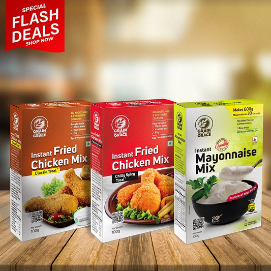 Instant Fried Chicken Mix – Classic Treat (100g)+Instant Fried Chicken Mix – Chilly Spicy Treat (100g) + Instant Mayonnaise Mix (100g) Grain N Grace
