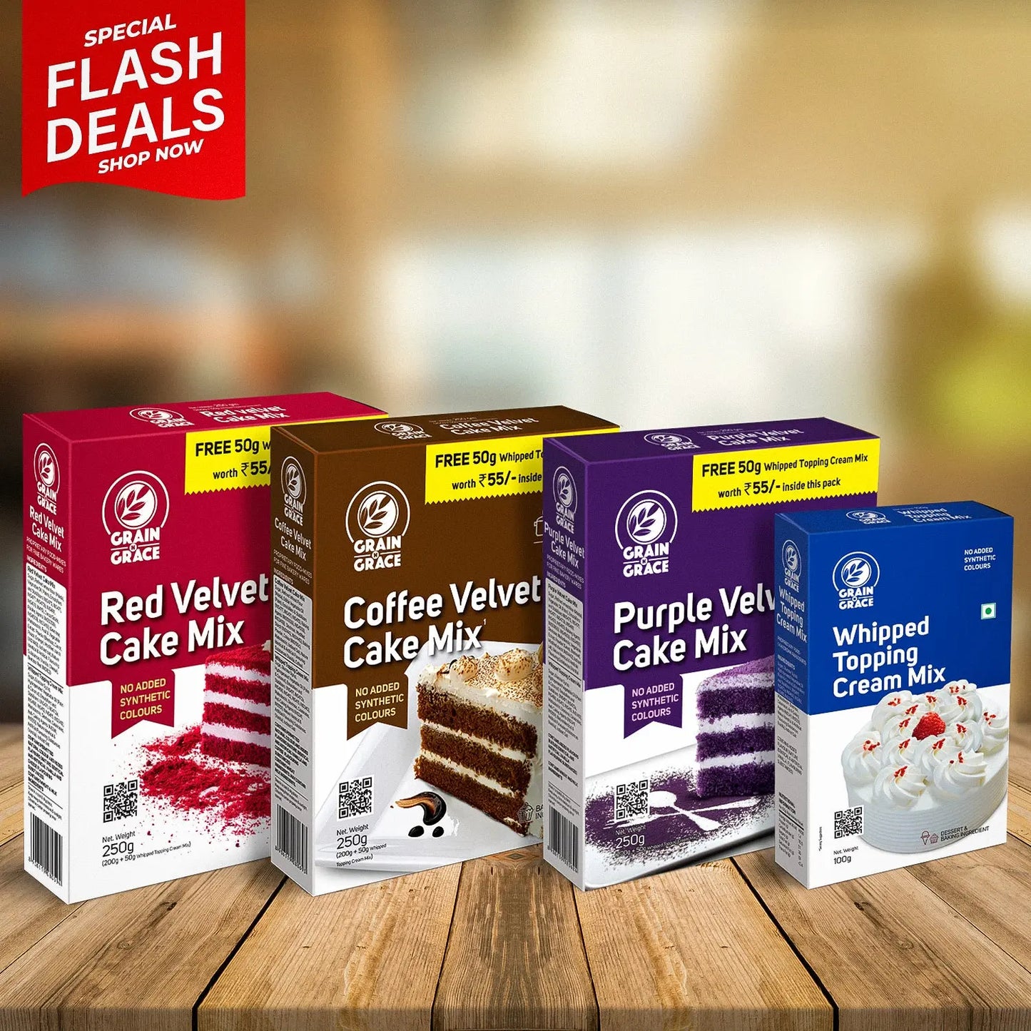 Red Velvet Cake Mix (250g)+ Coffee Velvet Cake Mix (250g) + Purple Velvet Cake Mix (250g) + Whipped Topping Cream Mix (100g) Grain N Grace