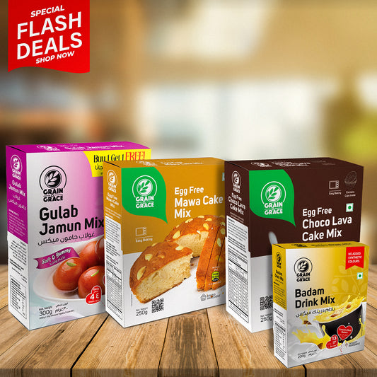 Instant Gulab Jamun Mix (300g) + Instant Badam Drink Mix (200g) + Egg Free Mava Cake Mix (250g) + Egg Free Choco Lava cake Mix (250g)