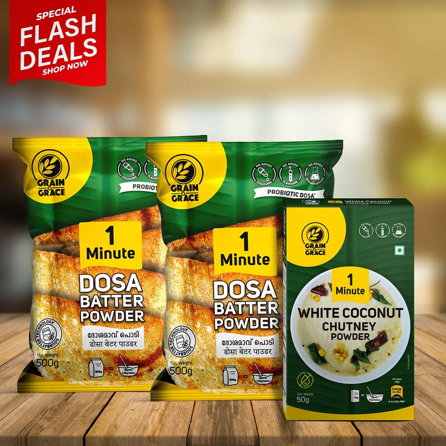 Two Dosa Batter Bundle + 1 White Coconut Chutney Powder Grain N Grace