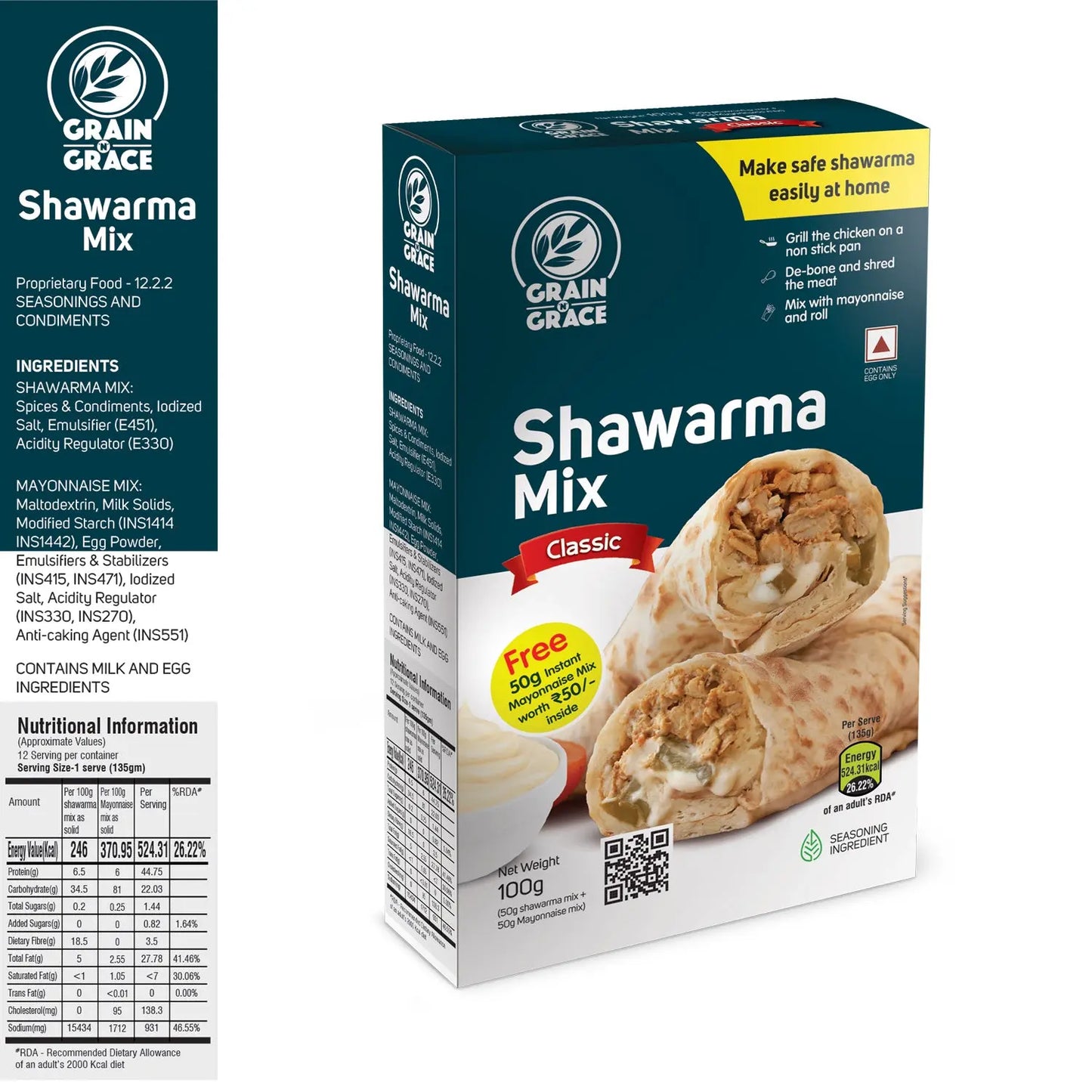 Shawarma Mix - Classic 100g (Free 50g Instant Mayonnaise Mix worth 50/- inside. (Buy 1 Get 1 Offer) Grain N Grace