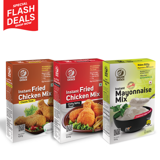 Instant Fried Chicken Mix – Classic Treat (100g)+Instant Fried Chicken Mix – Chilly Spicy Treat (100g) + Instant Mayonnaise Mix (100g)